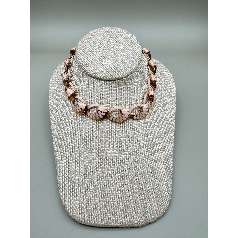 Vintage Pink Painted Floral Design and Gold Tone Link Choker Necklace